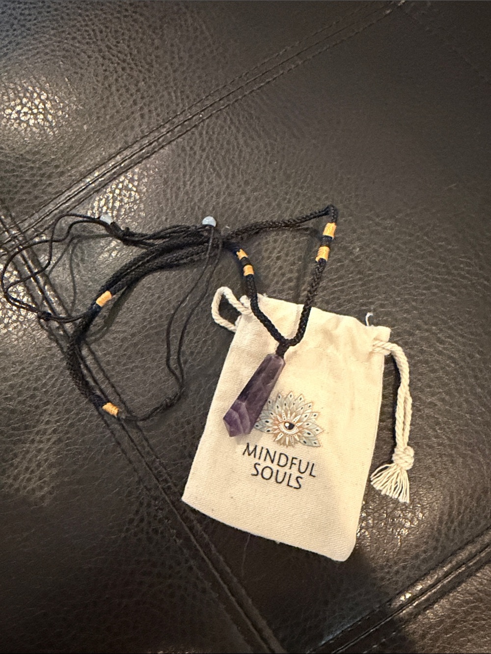 Amethyst Pendant Necklace - Black Cord. cute bag is included.